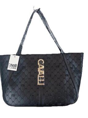 Cavalli Class Tote Bag Black Debossed Shoulder Handbag Women Quilted NWT